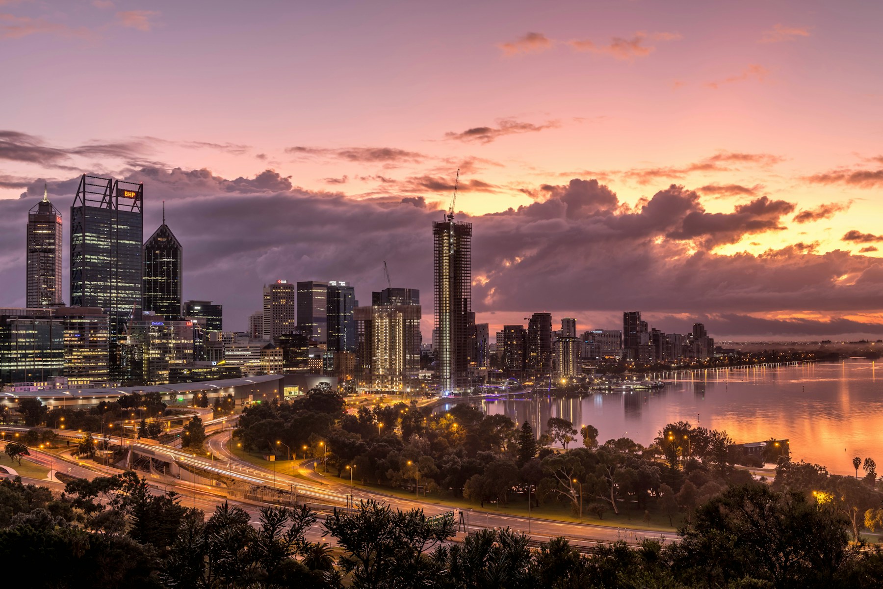 Perth city skyline and Swan River at sunrise